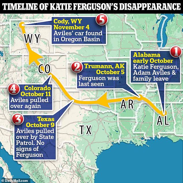 A map showing the timeline of Ferguson's cross-country roadtrip before she went missing