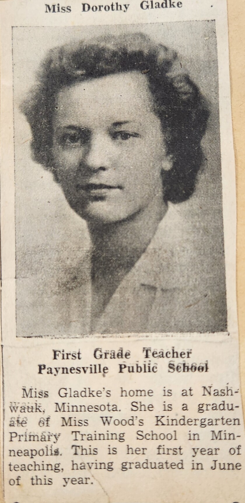 A black and white photo of the face of a young woman from around 1944.