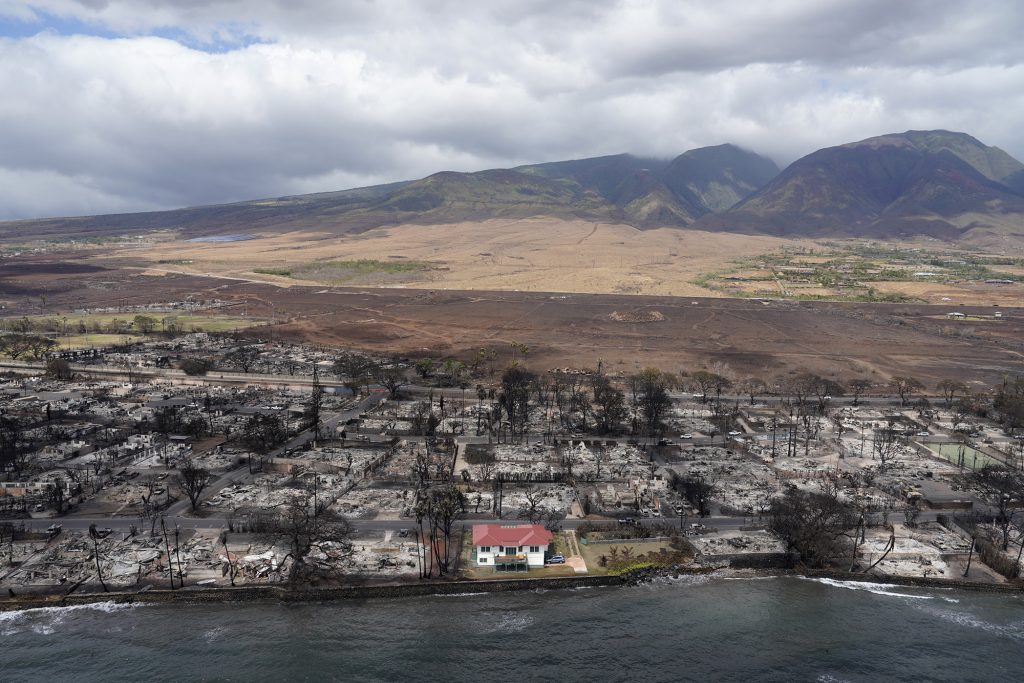 A building appears untouched by the wildfire which destroyed the historic town of Lahania Thursday, Aug. 10, 2023, on Maui. (Kevin Fujii/Civil Beat/2023)