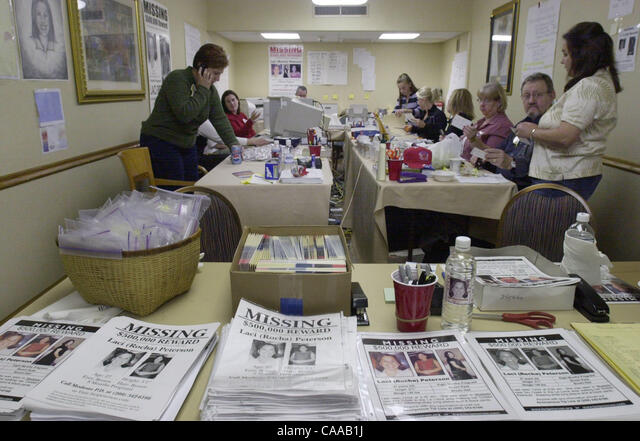 Stacks of flyers of missing Laci Rocha Peterson cq ready for distribution at the volunteer center where the search for Laci continues in Modesto, Calif. Saturday January 11, 2003. (CONTRA COSTA TIMES/Susan Tripp Pollard)2002 slug:Laci12.jpg