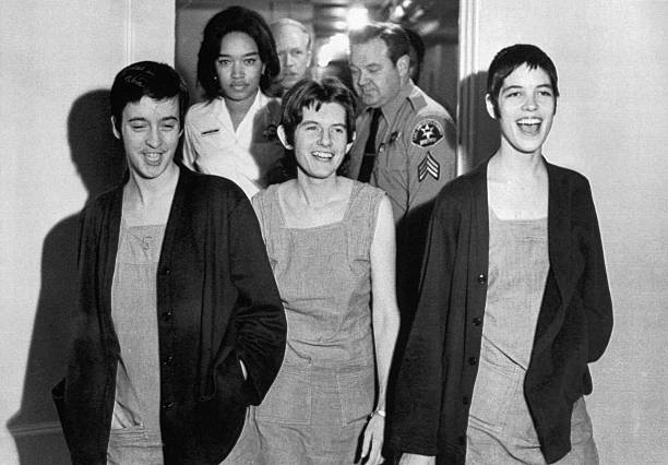 Susan Denise Atkins, , Patricia Krenwinkel and Leslie Van Houten,, laugh after receiving the death sentence for their part in the Tate-LaBianca...