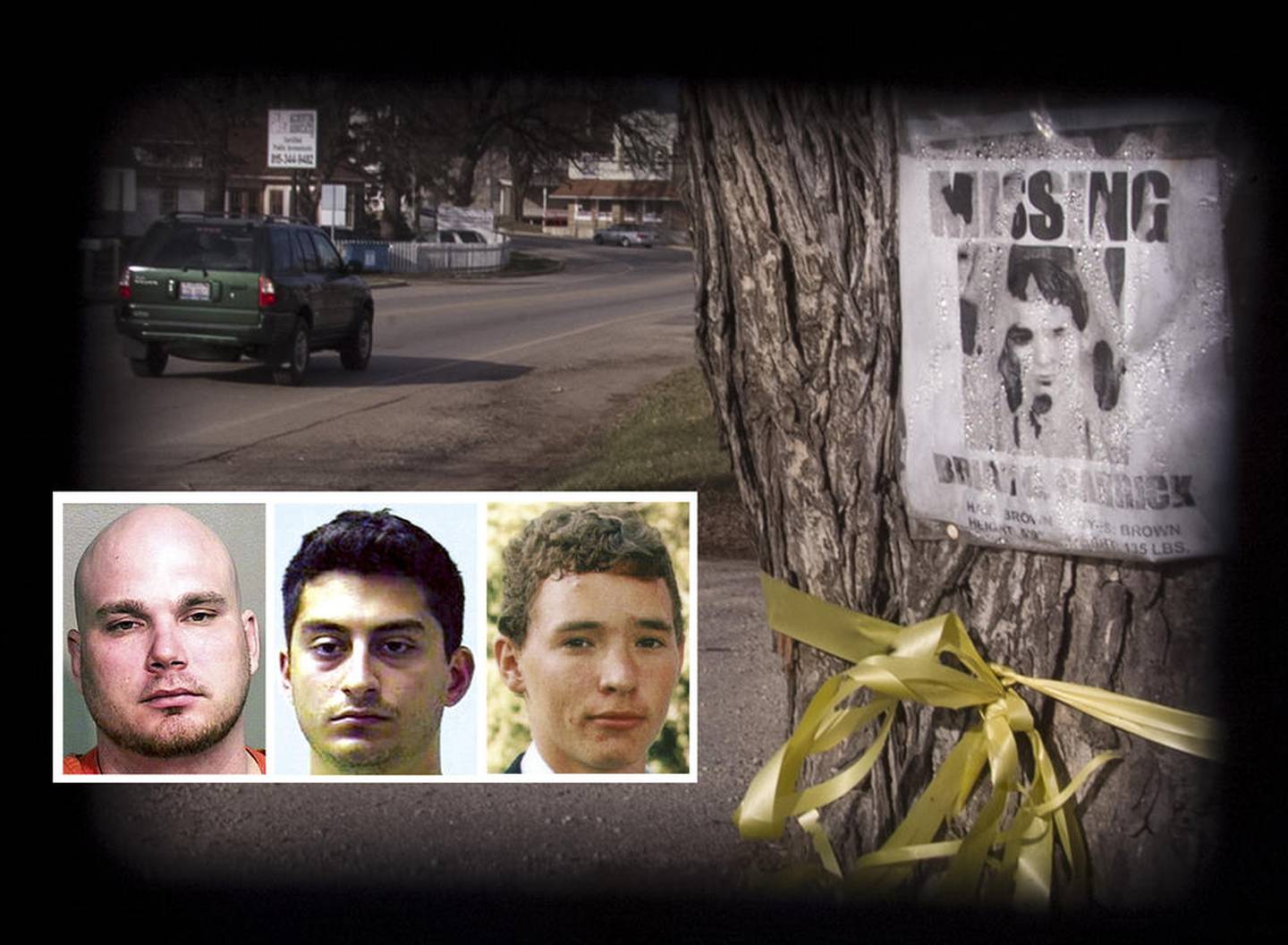A missing poster and yellow ribbon for missing Brian Carrick are seen Dec. 2, 2003, on a tree in Johnsburg. The murder conviction of Mario Casciaro was unanimously overturned in September 2015 by the Second District Appellate Court of Illinois. The state’s key witness in the case, Shane Lamb, had recanted his statements in an affidavit, saying his testimony that convicted Casciaro was all a lie. INSET: Lamb (from left to right), Casciaro and Carrick.