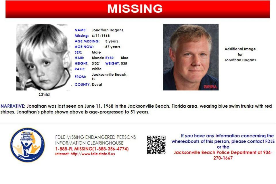 Jonathan Hagans was last seen on June 11, 1968 in Jacksonville Beach.