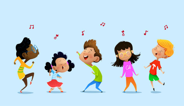 Dancing cartoon children. Dancing cartoon children. Vector illustrations Isolated on blue background happy dance stock illustrations
