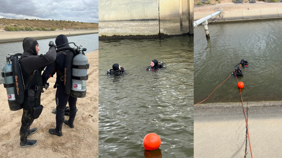 Divers from LASD’s High-Risk Tactical/Rescue Team searched a Lancaster aqueduct on Sept. 30, 2023, after two elderly men reportedly fell into the waters while fishing. (Los Angeles County Sheriff’s Department)