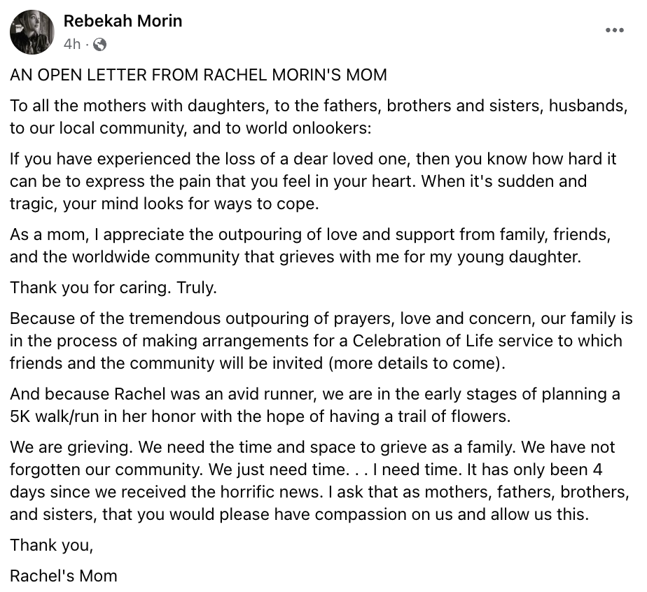 <p>Rachel Morin’s mother breaks her silence with a post on Facebook asking compassion and time to grieve</p>