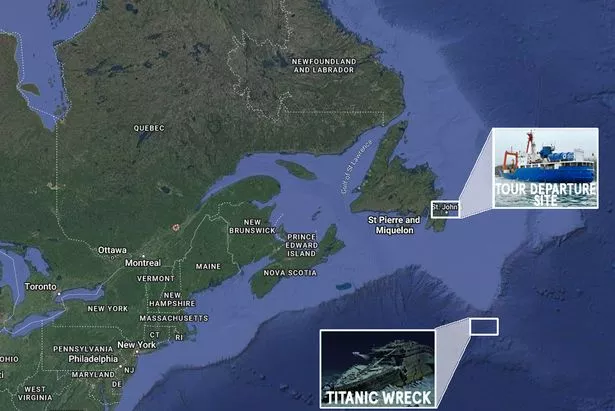 Map shows the area where the tour departed from off the coast at St John's, Newfoundland, and the Titanic wreck, which lies 370 miles offshore
