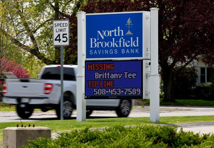 The North Brookfield Savings Bank's electronic sign in East Brookfield is still displaying the Brittany Tee tip line phone number.