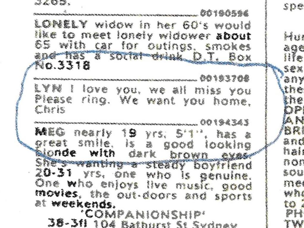 A classified message placed by Chris Dawson in The Daily Telegraph in March 1982 in which he pleaded with his missing wife Lynette to ‘please ring’ and come home. Picture: Supplied.