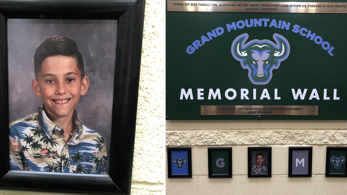 A memorial wall for Gannon Stauch at Grand Mountain Elem. School.