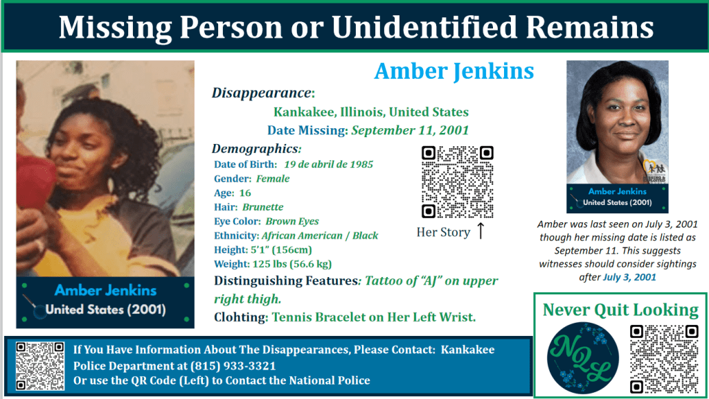 Amber Jenkins, 5'1, Female, Brown Hair, Brown Eyes, Black