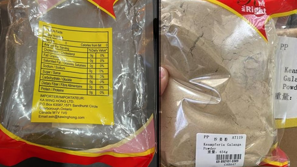 Photos of two retail cooking powders suspected to be contaminated with aconite.