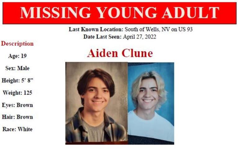 The Elko County Sheriff’s Office released this image providing a description of Aidan Clune, a Sonoma teen who went missing April 27 after abandoning his vehicle on the side of Hwy 93 and walking off into the wilderness. (Photo courtesy of Elko County Sheriff’s Office)