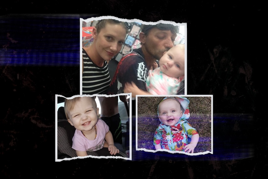  A collage showing photos of Kerri-Ann Conley and Peter Jackson with baby Darcey, and Darcey and Chloe individually.