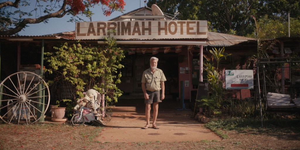 Barry Sharpe standing outside of Larrimah Hotel. 