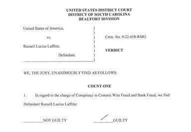 A snapshot of the guilty verdict delivered by a federal jury against former Hampton banker Russell Laffitte Nov. 22.