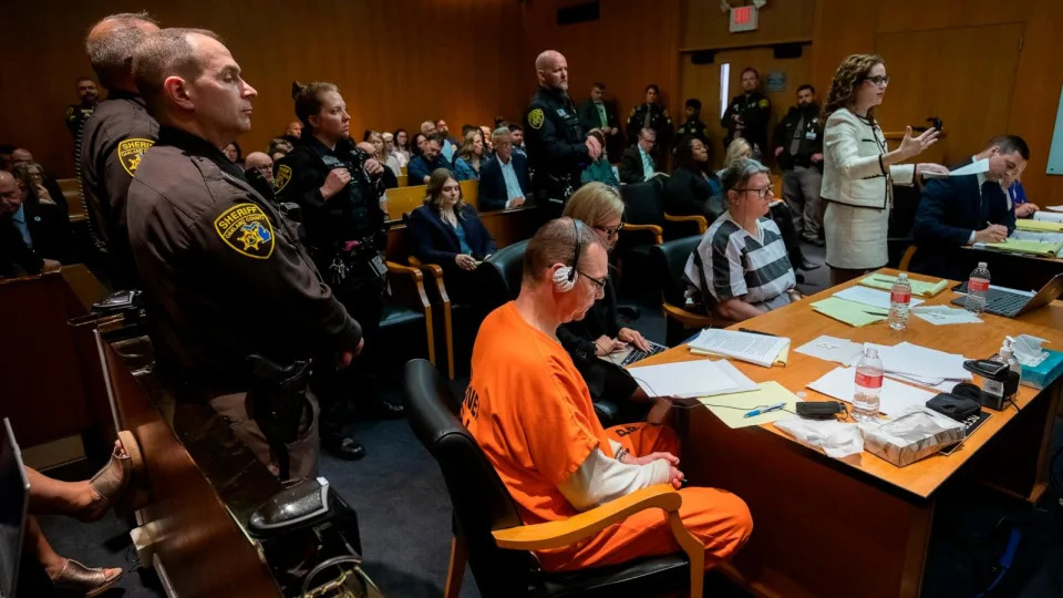 PHOTO: James Crumbley, his attorney Mariell Lehman, Jennifer Crumbley, and her attorney Shannon Smith, sit in court for sentencing Apr. 9, 2024, at Oakland County Circuit Court in Pontiac, Michigan.  (Bill Pugliano/Getty Images)