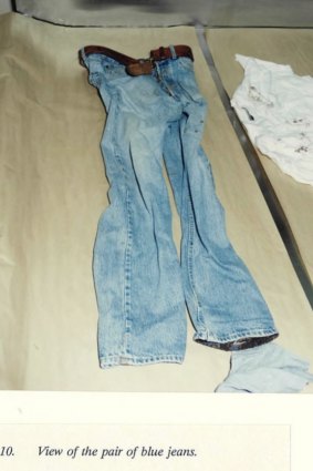 Photo of Crispin Dye’s blue jeans, which were sent for forensic testing this year by the LGBTIQ hate crimes inquiry.