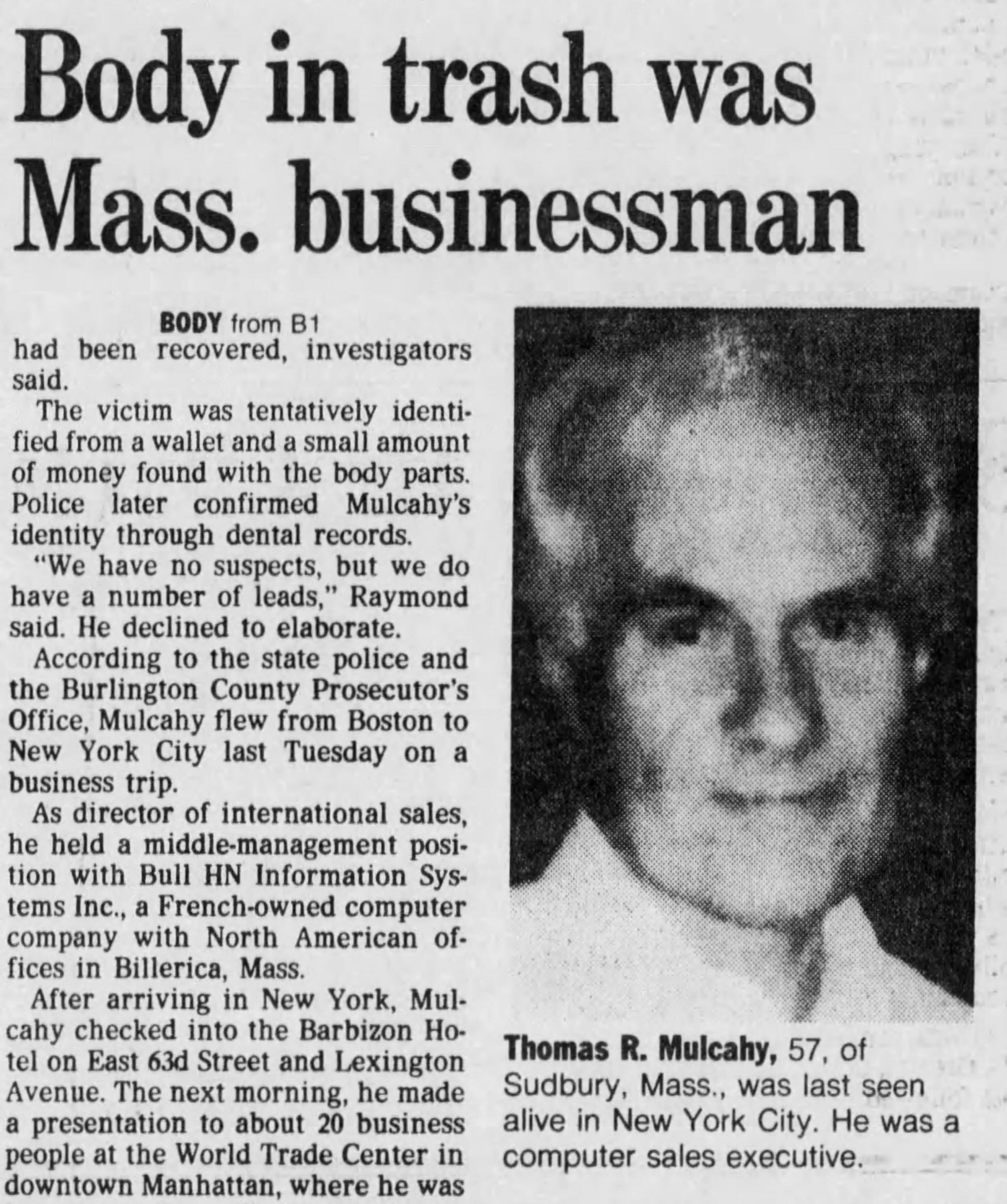 A July 14, 1992, edition of The Inquirer details the murder of Thomas R. Mulcahy.