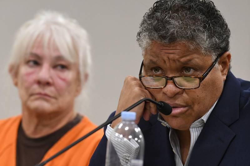 Linda LaRoche’s attorney Laura Walker questions LaRoche’s trial co-defense attorney Jillian Schiedegger during LaRoche’s motion hearing for a new trial Thursday October 26, 2023. LaRoche was found guilty March 16, 2022 of the murder of Peggy Lynn Johnson-Schroeder in 1999, of concealing a corpse. She was sentenced to life in prison without parole for the murder, and a consecutive five year sentence on the second charge May 23, 2022. Johnson-Schroeder was known as Jane Doe until her identity was discovered when LaRoche was identified as the suspect in the case.