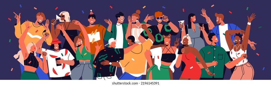 Happy people crowd at holiday party. Friends dancing, having fun together. Young men and women characters group, youth celebrating event with joy. Nightlife concept. Colored flat vector illustration