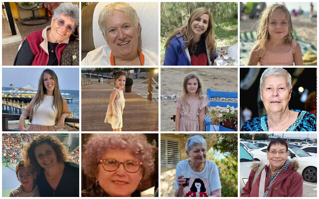 Israeli hostages released on November 24, 2023: Top from L-R: Adina Moshe, Margalit Moses, Danielle Aloni and her daughter Emilia; middle: Doron Asher and her daughters Raz and Aviv, Hannah Katzir; bottom row: Keren Munder and her son Ohad, Ruti Munder, Yaffa Adar and Channah Peri. (Courtesy) Israeli hostages released on November 24, 2023: Top from L-R: Adina Moshe, Margalit Moses, Danielle Aloni and her daughter Emilia; middle: Doron Asher and her daughters Raz and Aviv, Hannah Katzir; bottom row: Keren Munder and her son Ohad, Ruti Munder, Yaffa Adar and Channah Peri. (Courtesy)
